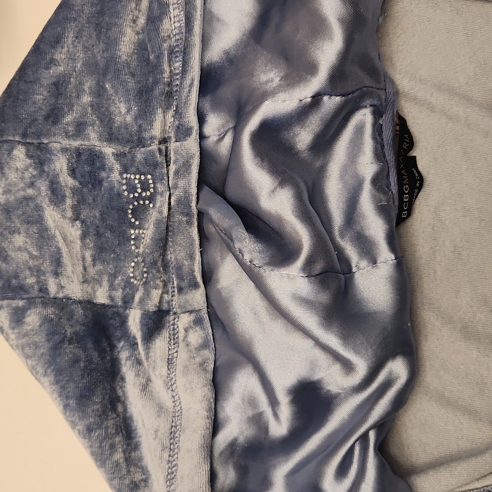 Vintage 90s Y2K BCBGMaxazria Rhinestone Velour Zip Up Hooded Track Jacket Blue - Picture 12 of 16